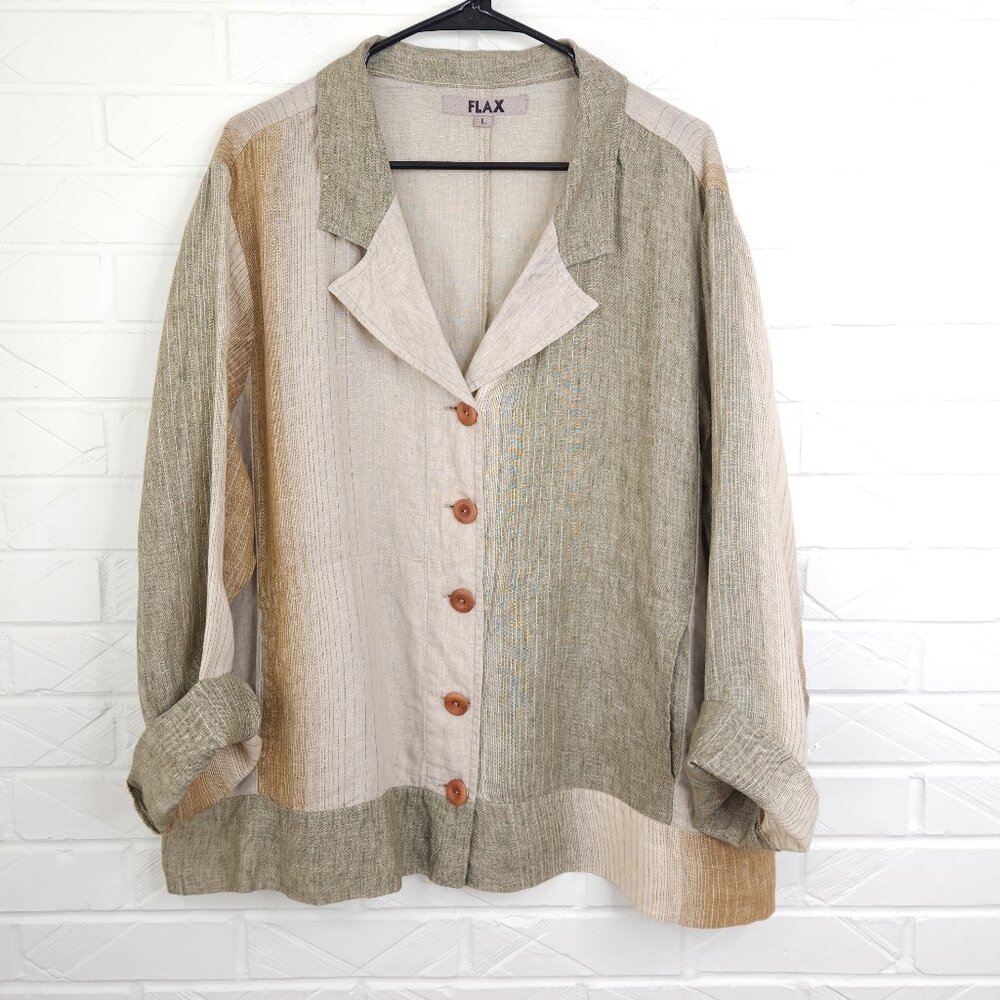 Flax 100% Linen Tan and Brown Striped Button Up Jacket Top Lagenlook Pockets L